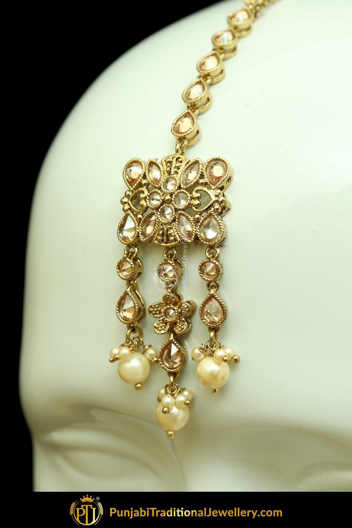 Antique Gold Finised Champagne Stone Earring Tikka Set By Punjabi Traditional Jewellery