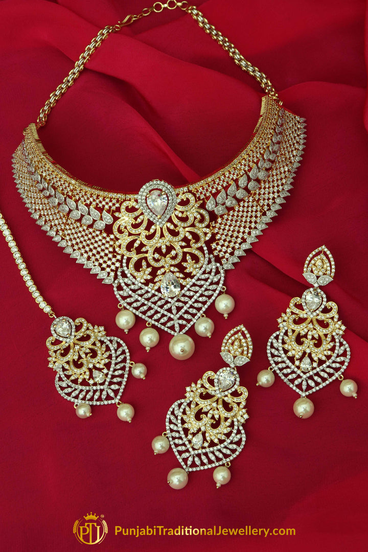 Gold Finished Pearl American diamond Choker Set, Tikka & Earrings | Punjabi Traditional Jewellery Exclusive