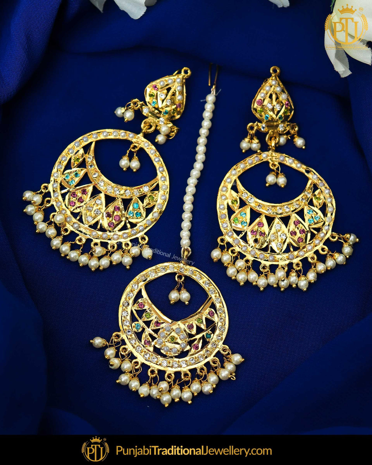 Gold Finished Navratan Jadau Pearl Earring Tikka Set | Punjabi Traditional Jewellery Exclusive