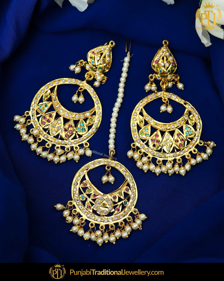 Gold Finished Navratan Jadau Pearl Earring Tikka Set | Punjabi Traditional Jewellery Exclusive
