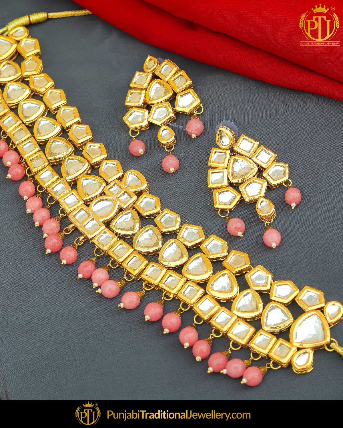 Gold Finished Baby Pink Kundan & Pearl Choker Necklace Set | Punjabi Traditional Jewellery Exclusive