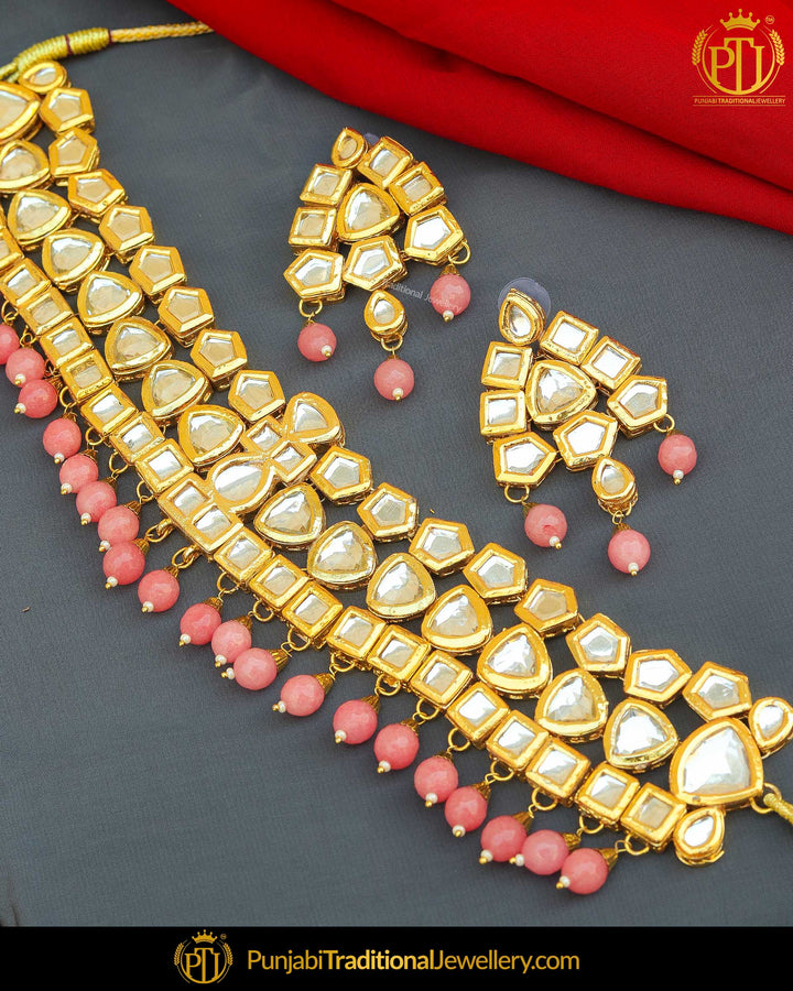 Gold Finished Baby Pink Kundan & Pearl Choker Necklace Set | Punjabi Traditional Jewellery Exclusive