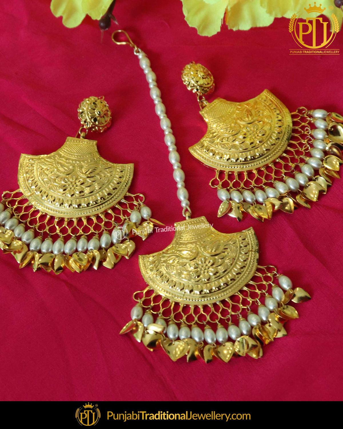 Gold Finished Pippal Patti Earring Tikka Set | Punjabi Traditional Jewellery Exclusive