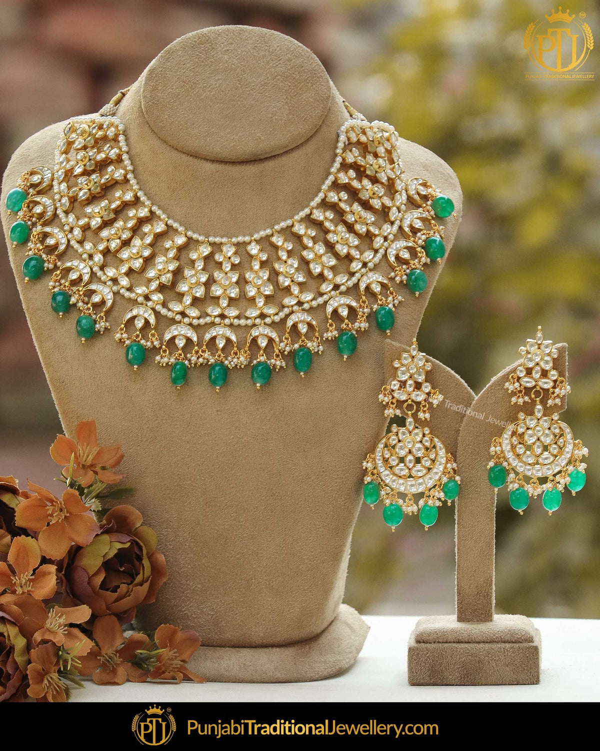 Gold Finished Emerald Kundan Pearl Necklace Set | Punjabi Traditional Jewellery Exclusive