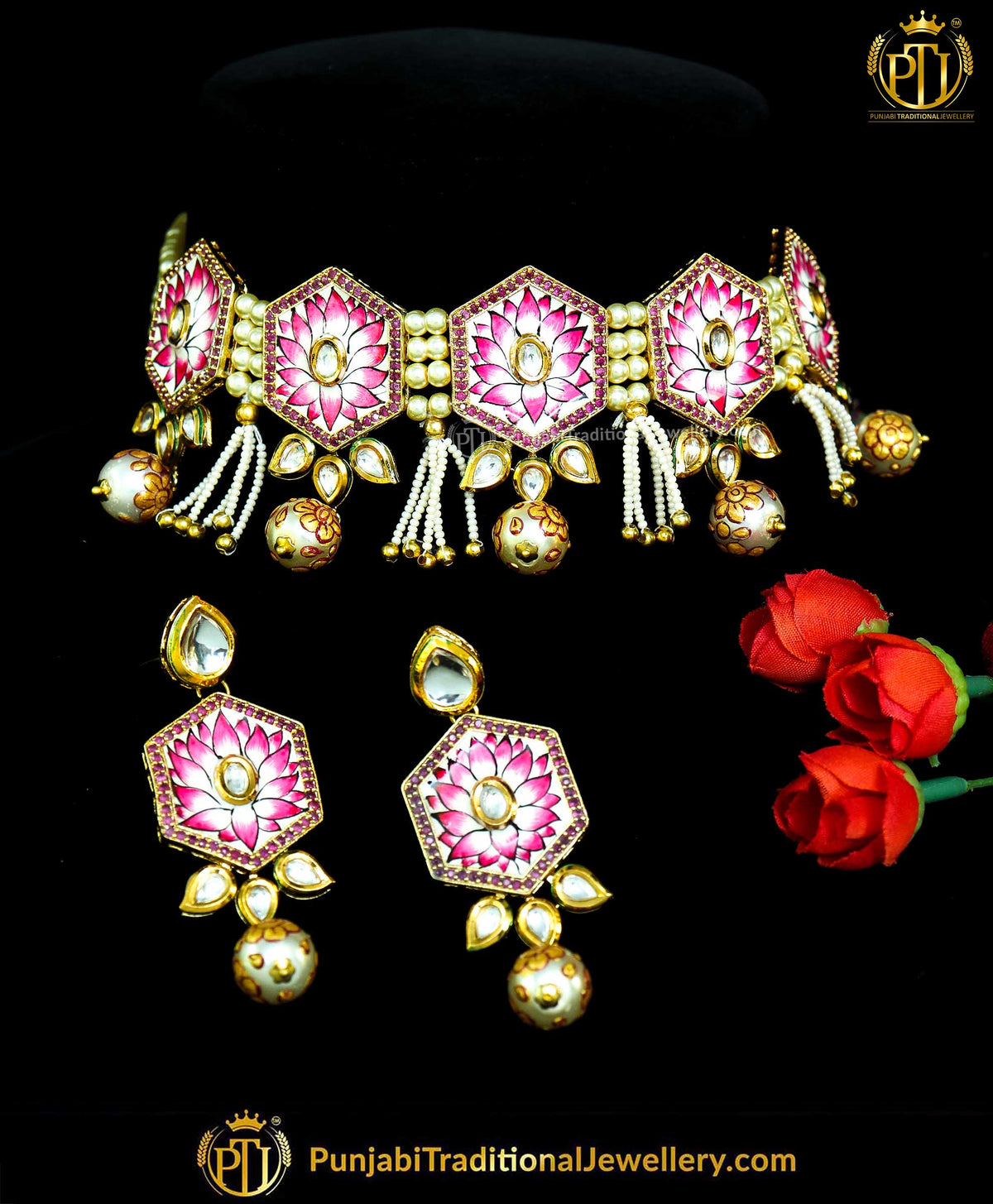Hand Painted Menna Pearl Kundan Necklace Set | Punjabi Traditional Jewellery Exclusive