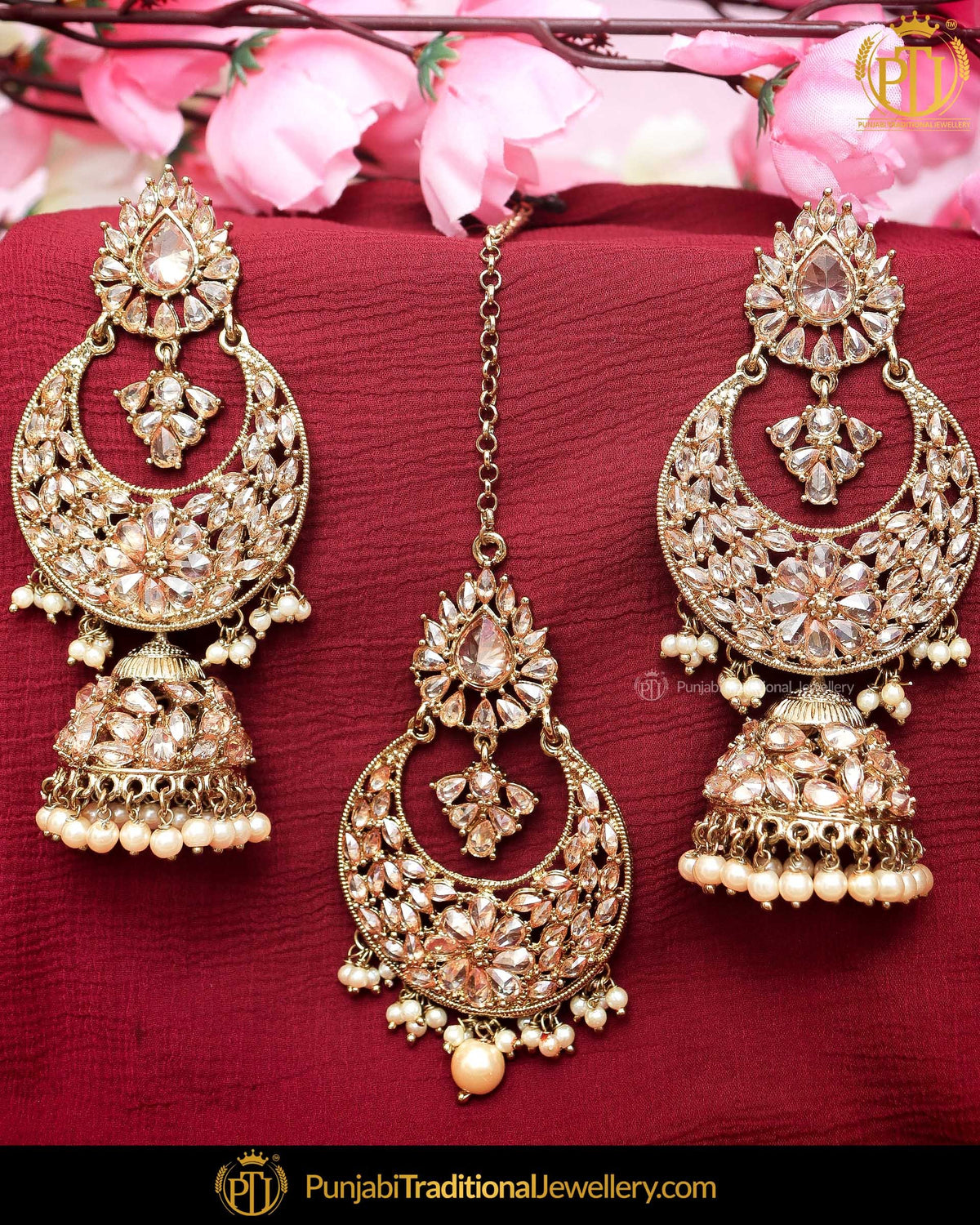 Gold Finished Polki Stone Earring Tikka Set | Punjabi Traditional Jewellery Exclusive