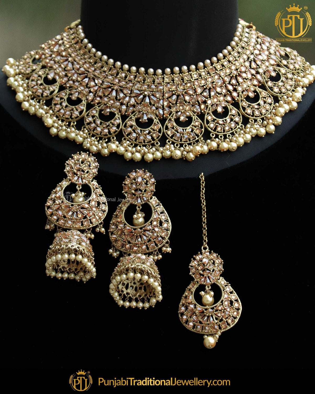 Antique Gold Finished Champagne Stone Necklace Set | Punjabi Traditional Jewellery Exclusive