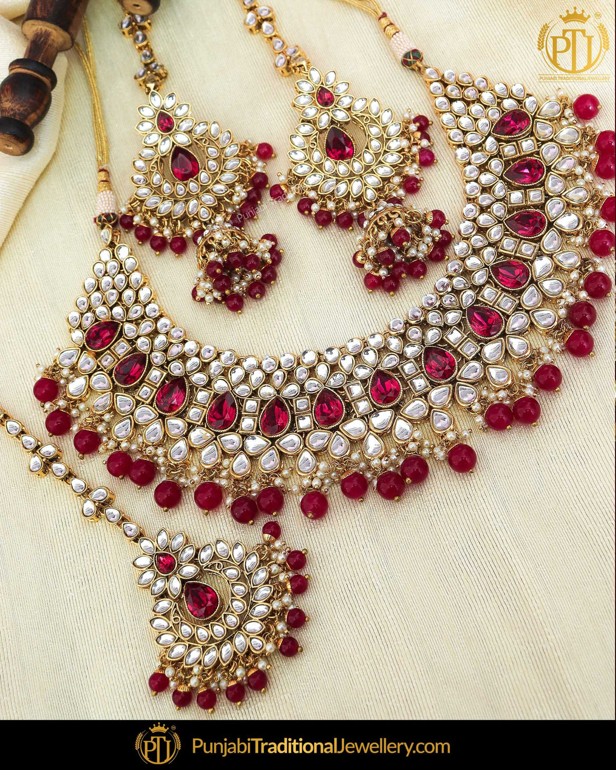 Gold Finished Maroon Kundan Pearl Choker Necklace & Sahare Earrings | Punjabi Traditional Jewellery Exclusive