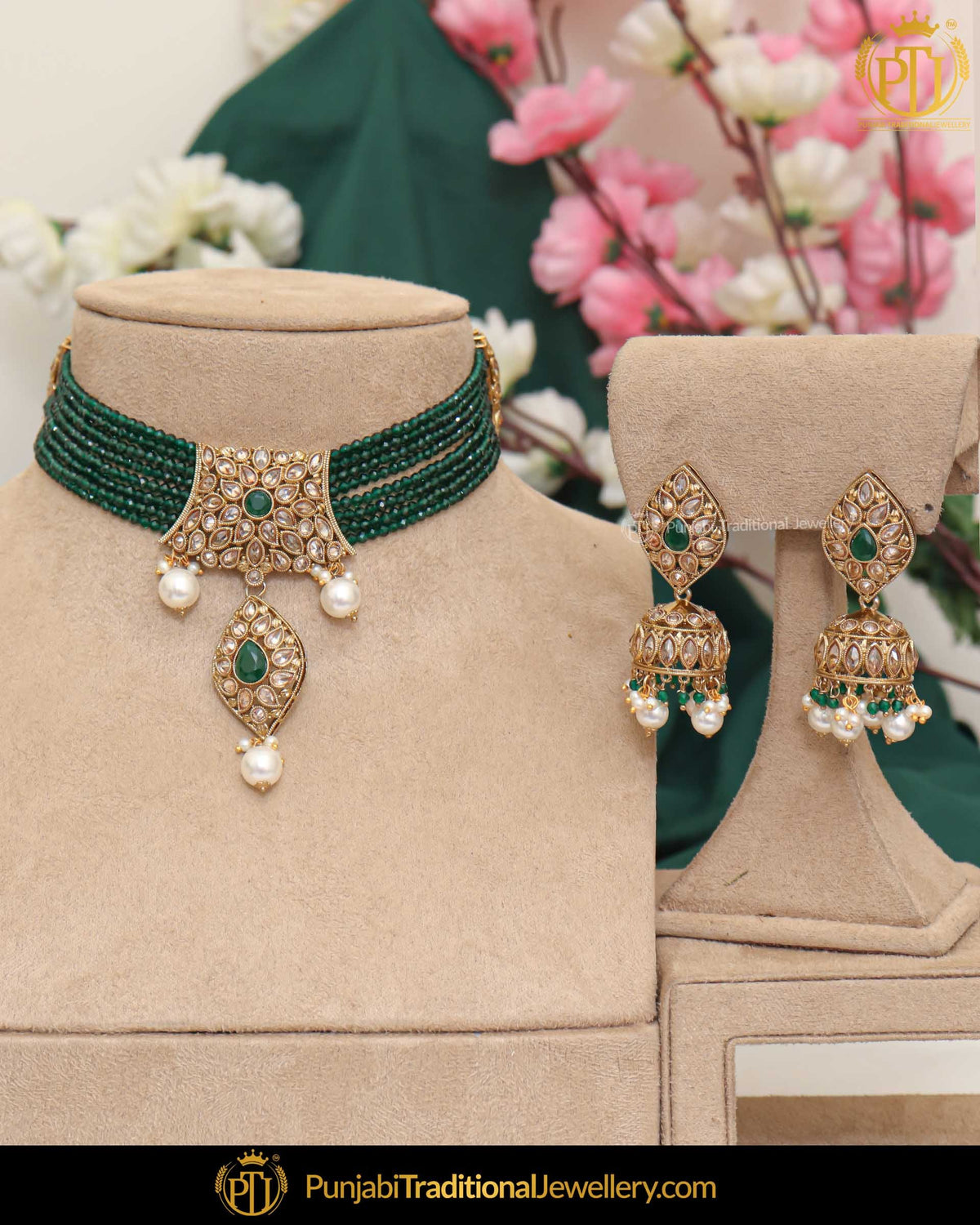 Gold Finished Champagne Stone Green Pearl Necklace Set | Punjabi Traditional Jewellery Exclusive