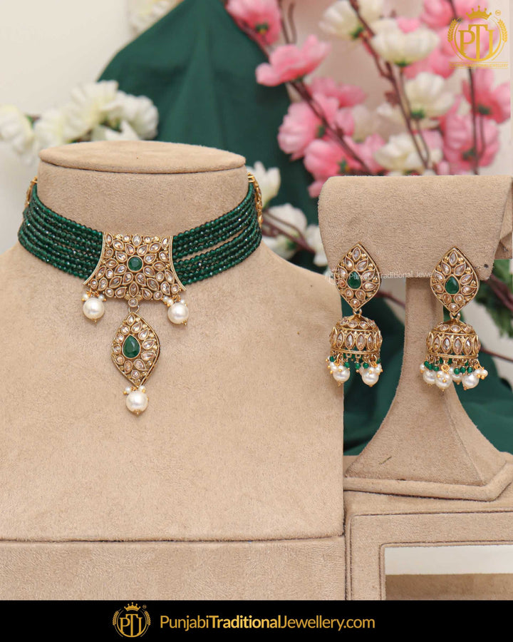 Gold Finished Champagne Stone Green Pearl Necklace Set | Punjabi Traditional Jewellery Exclusive