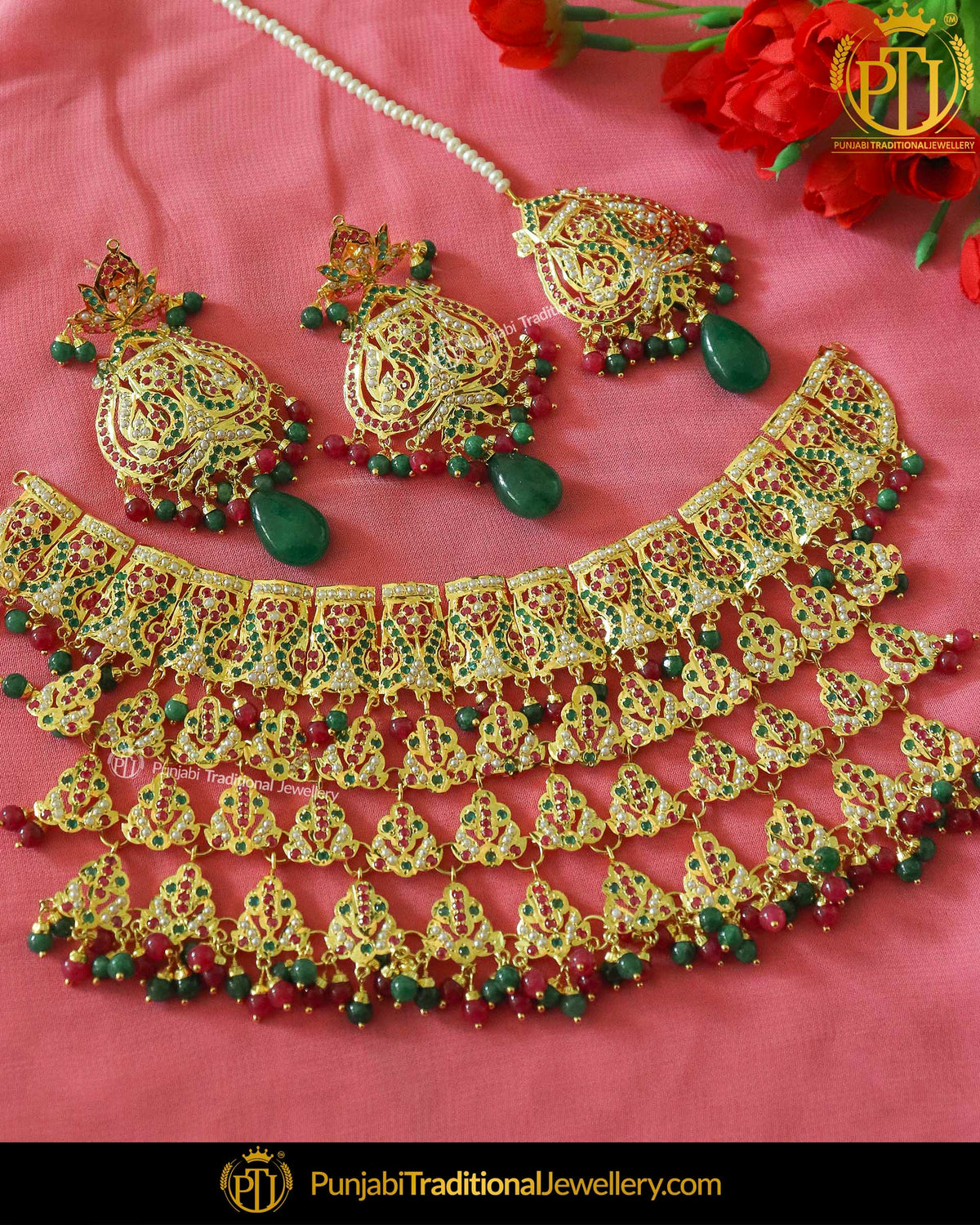 Janan Gold Finished Emerald Rubby Jadau Necklace, Tikka & Earrings | Punjabi Traditional Jewellery Exclusive