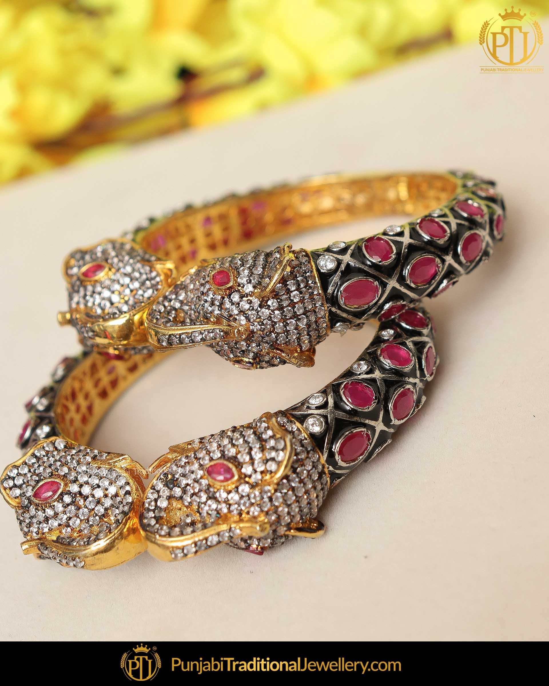 Hand Painted Black Menna Rubby Polki Karra Bangles (Pair)| Punjabi Traditional Jewellery Exclusive