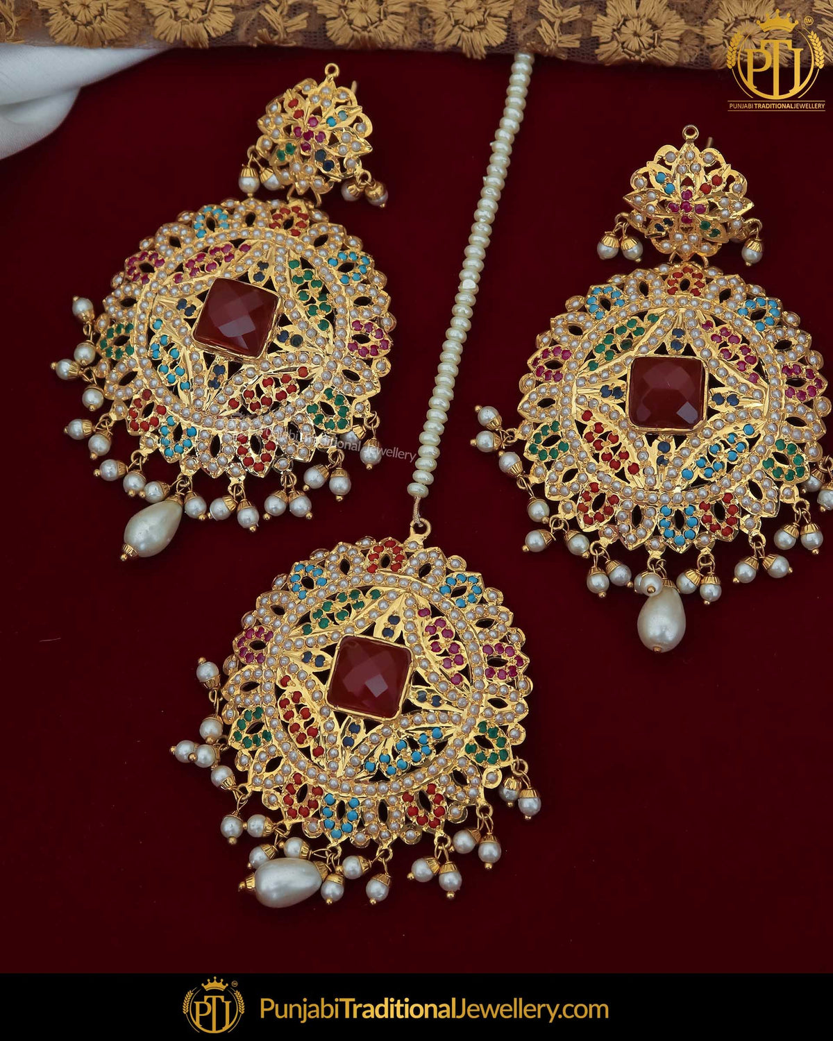 Gold Finished Jadau Multi Earring Tikka Set | Punjabi Traditional Jewellery Exclusive