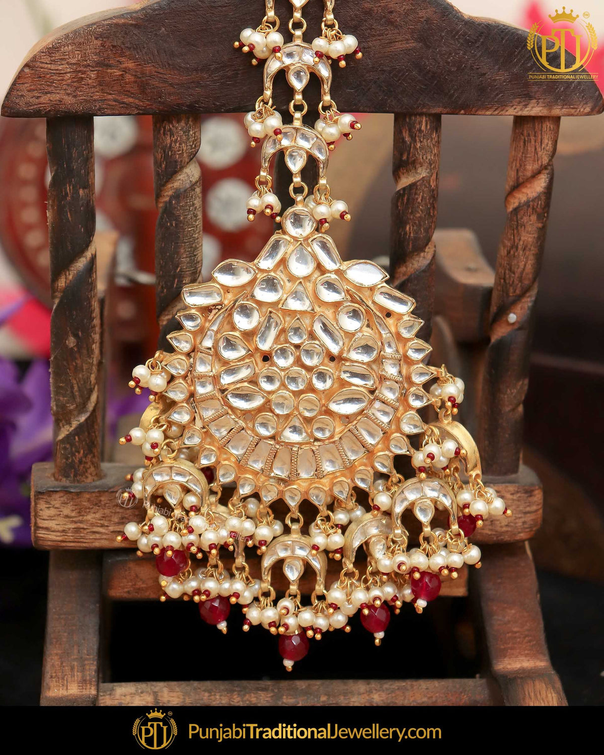Gold Finished Kundan Red Pearl Tikka | Punjabi Traditional Jewellery Exclusive