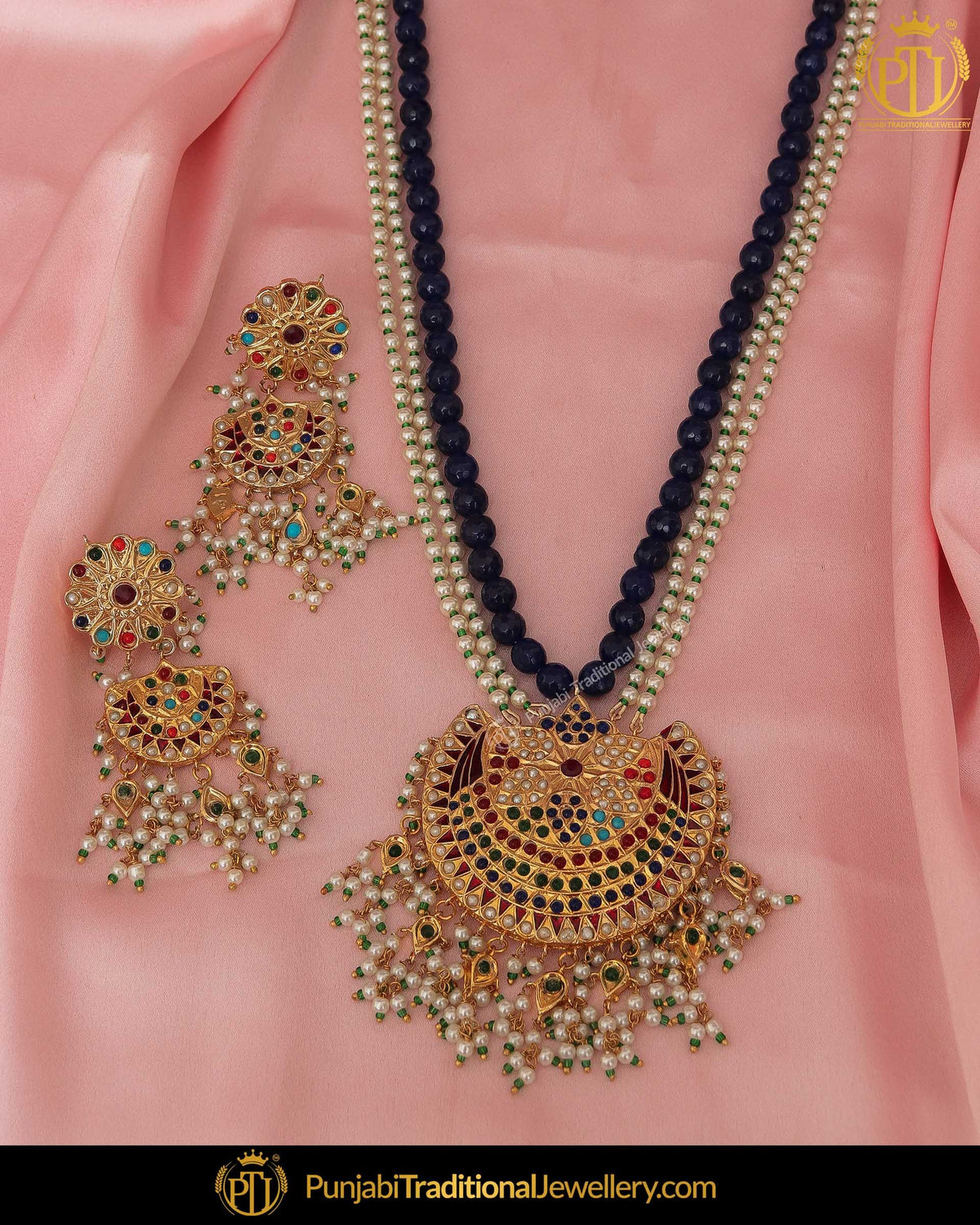 Gold Finished Black Pearl With Jadau Mala Necklace Set | Punjabi Traditional Jewellery Exclusive