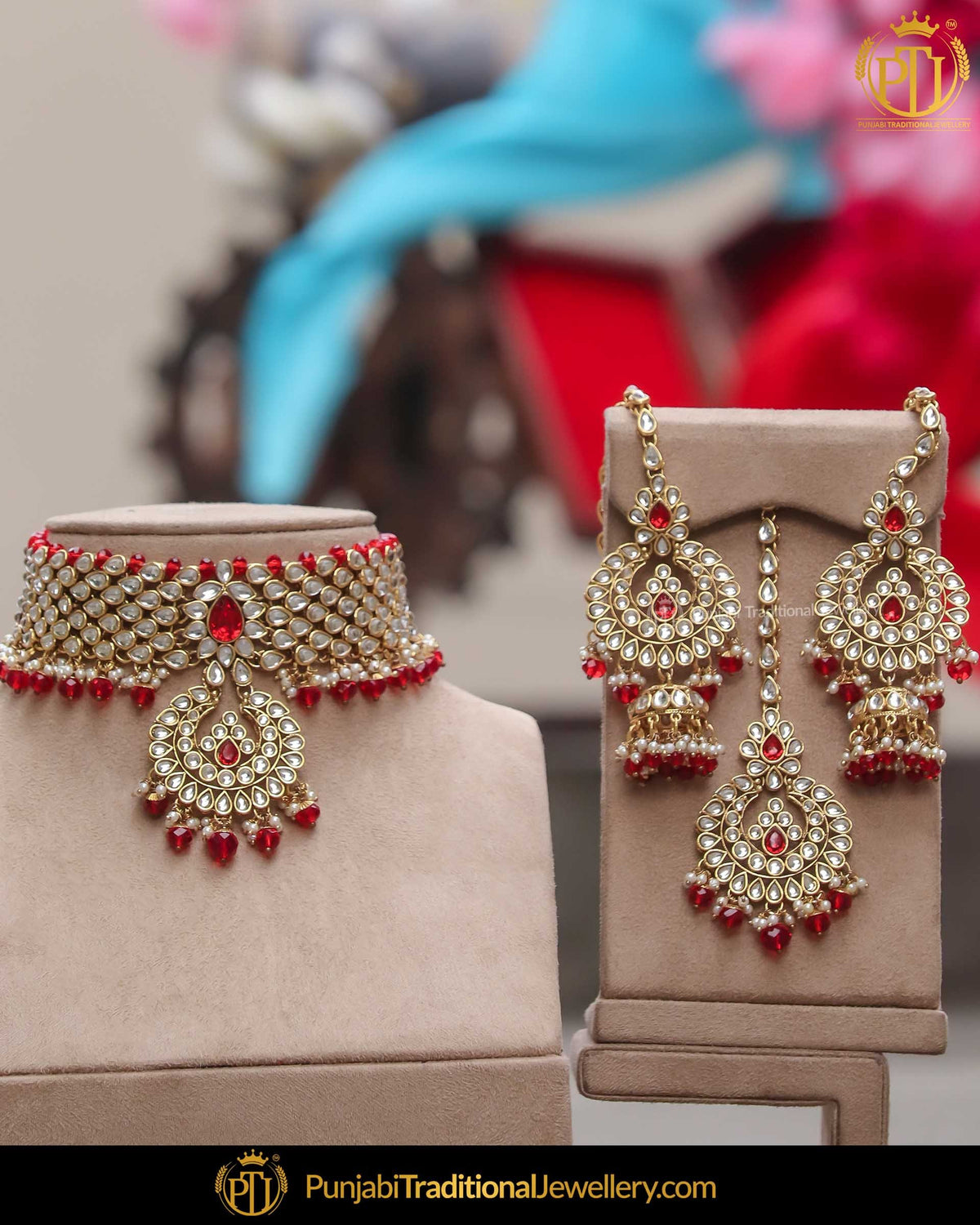 Gold Finished Kundan Red Pearl Choker Necklace Set | Punjabi Traditional Jewellery Exclusive