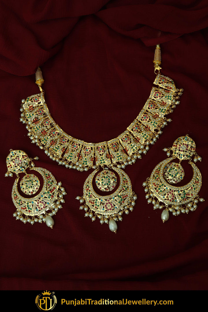 Jannat Gold Finished Navratan Jadau Necklace & Earrings | Punjabi Traditional Jewellery Exclusive