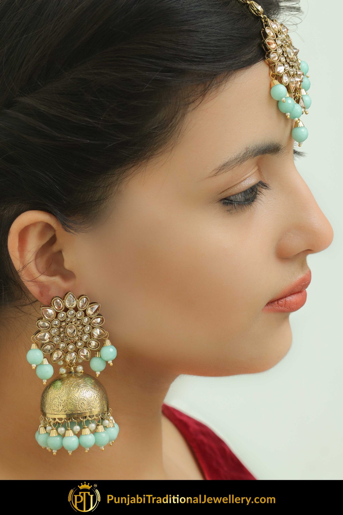 Fariza Gold Finished Champagne Stone Firozi Jhumki Earrings With Tikka | Punjabi Traditional Jewellery Exclusive