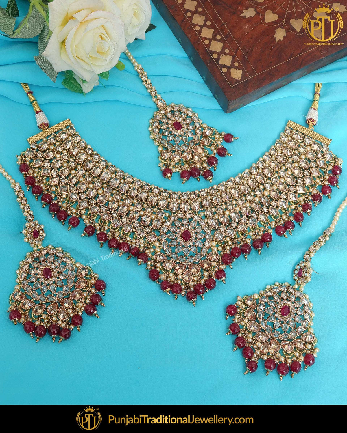 Antique Gold Finished Rubby Pearl Champagne Stone Necklace Set | Punjabi Traditional Jewellery Exclusive