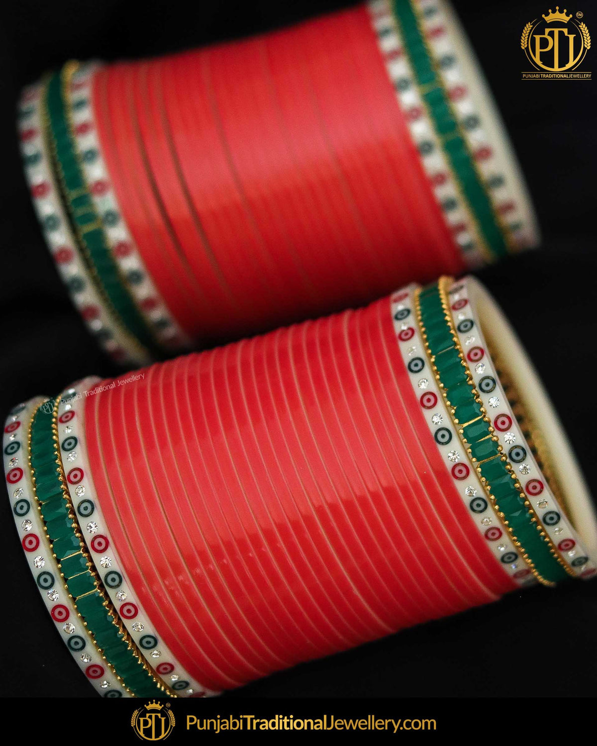 Dotted Green/Red Bridal Chura | Punjabi Traditional Jewellery Exclusive
