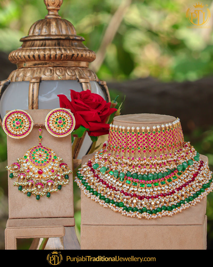 Gold Finished Rubby Green Kundan Choker Necklace Set | Punjabi Traditional Jewellery Exclusive