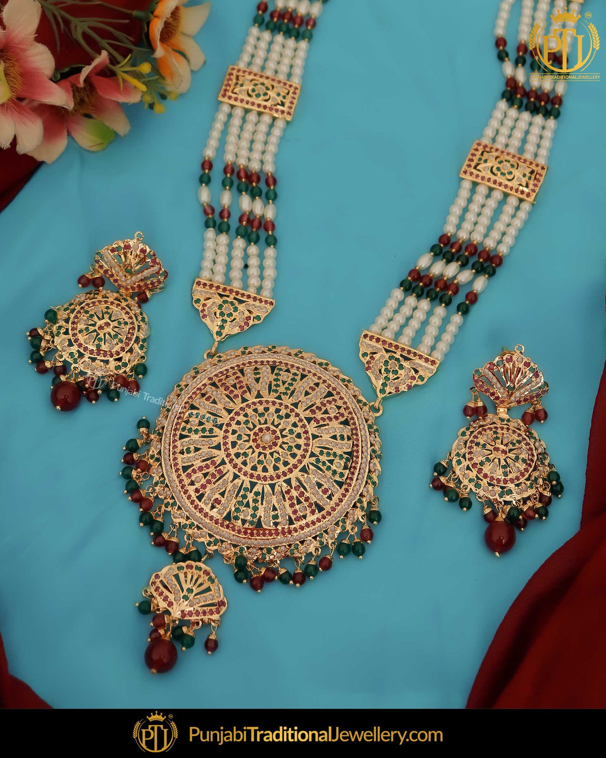 Gold Finished Red & Green Rani Haar Jadau Necklace Set | Punjabi Traditional Jewellery Exclusive