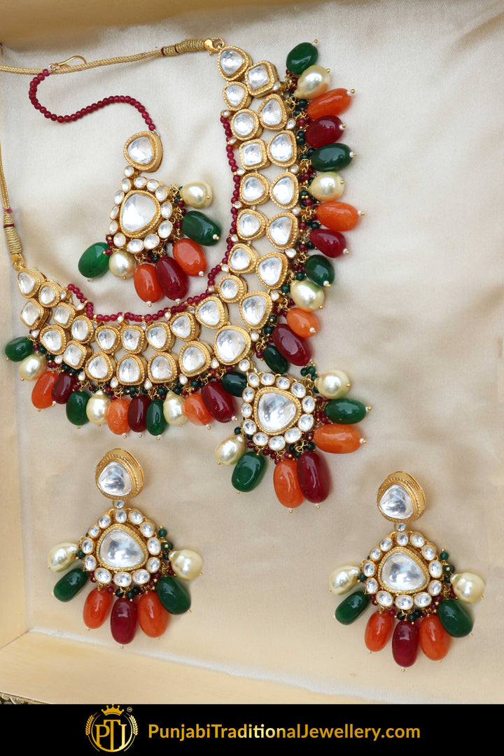 Aashmeen Navratan & Oversized Kundan Necklace, Earrings & Tikka Set | Punjabi Traditional Jewellery Exclusive