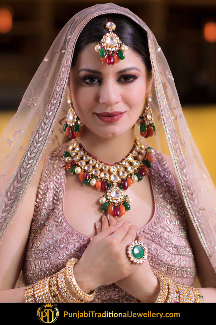 Aashmeen Navratan & Oversized Kundan Necklace, Earrings & Tikka Set | Punjabi Traditional Jewellery Exclusive