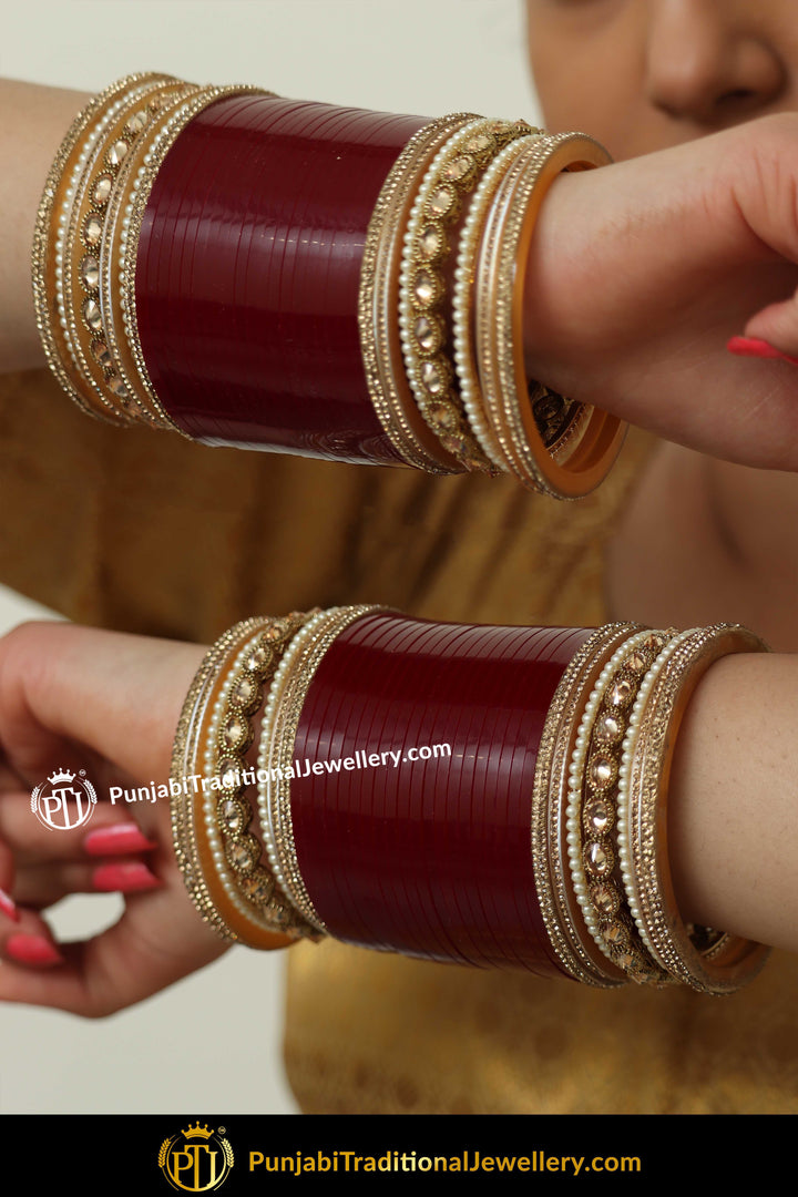 Maroon Chamapgne Stone Pearl  Bridal Chura | Punjabi Traditional Jewellery Exclusive