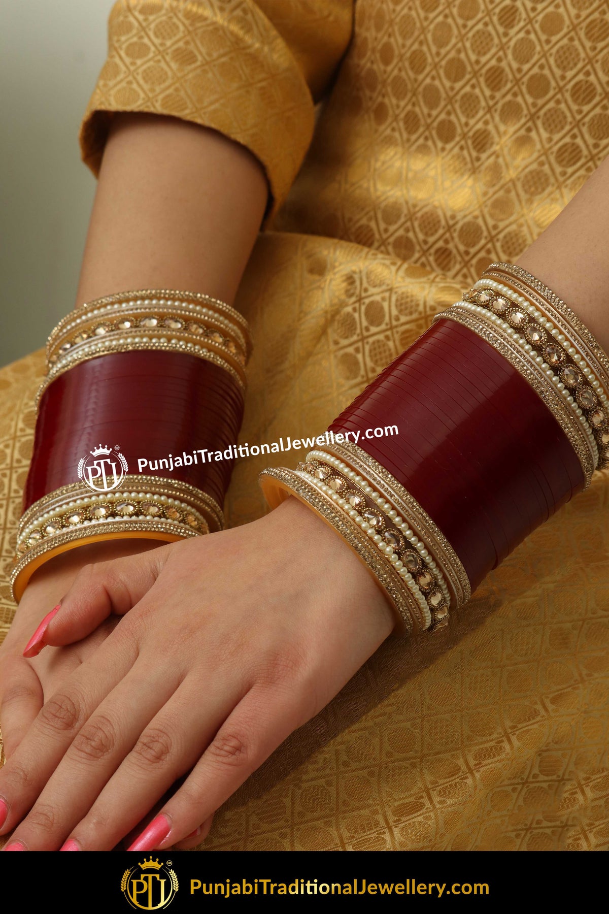 Maroon Chamapgne Stone Pearl  Bridal Chura | Punjabi Traditional Jewellery Exclusive