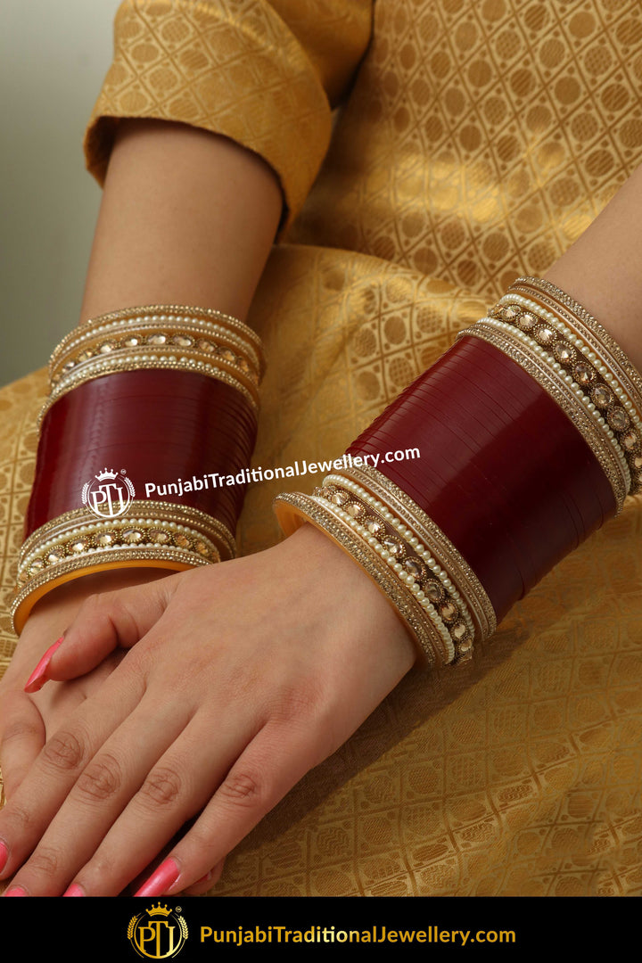 Maroon Chamapgne Stone Pearl  Bridal Chura | Punjabi Traditional Jewellery Exclusive