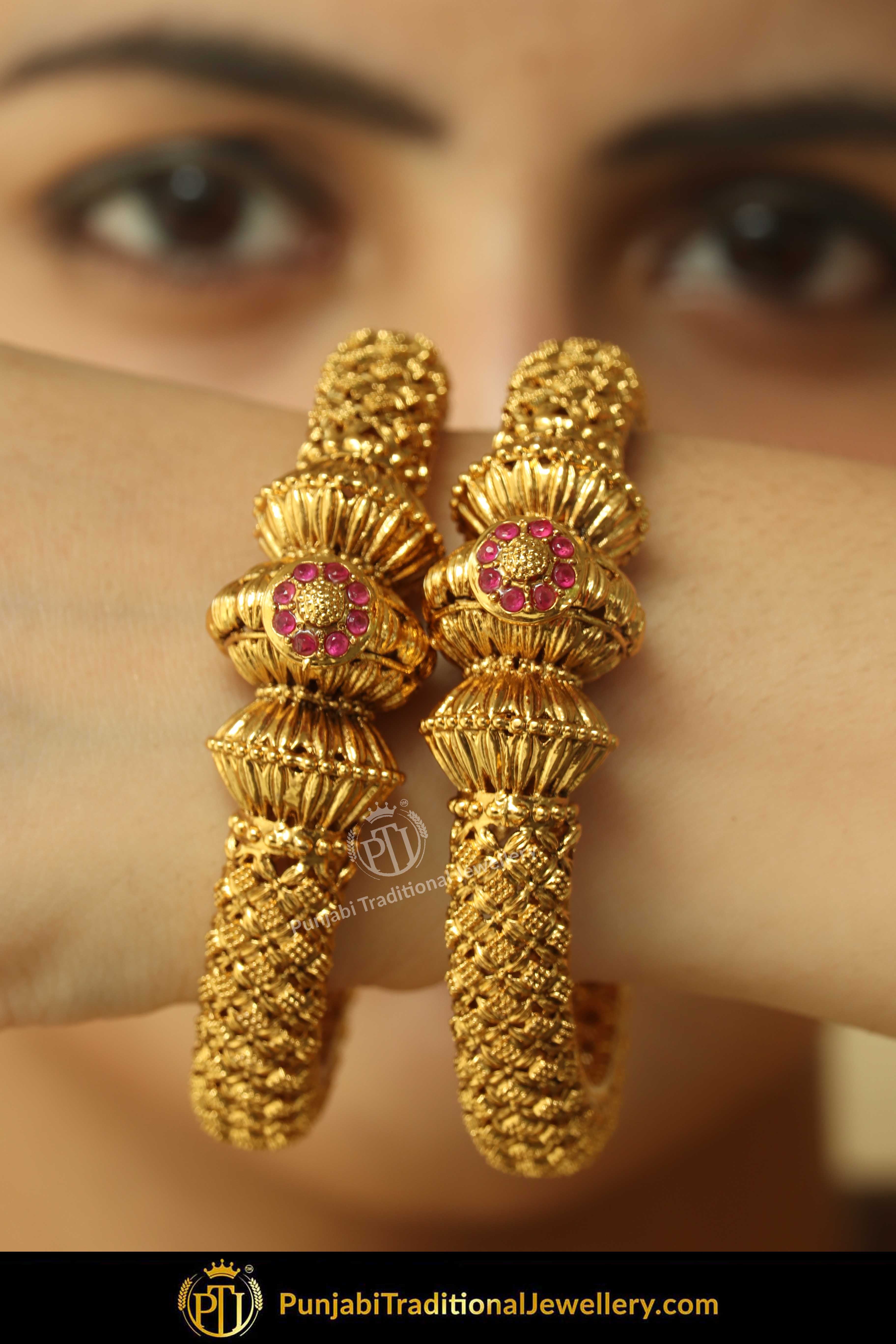 Lashirah Antique Gold Finished Jhodha Karra Bangles (Pair)| Punjabi Traditional Jewellery Exclusive