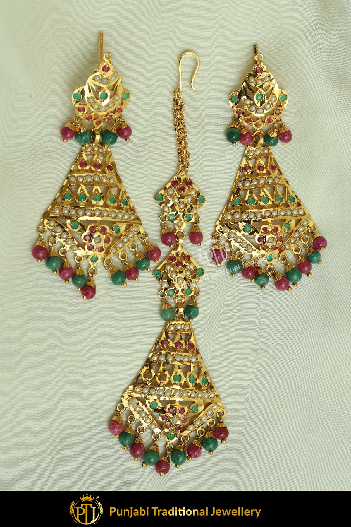 Gold Finished Red Green Jadau Earring Tikka Set | Punjabi Traditional Jewellery Exclusive