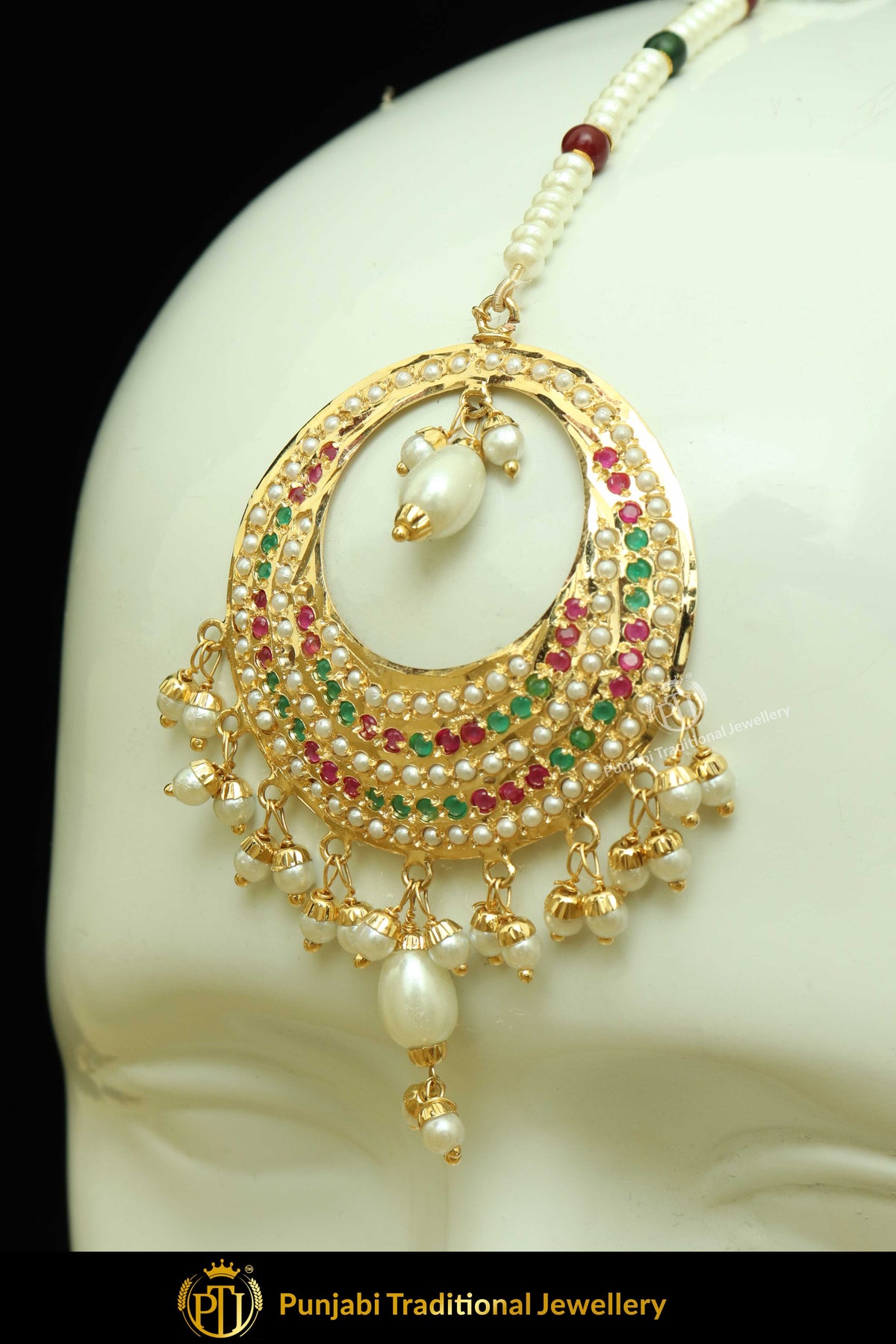 Gold Finished Navratan Jadau Pearl Earring Tikka Set | Punjabi Traditional Jewellery Exclusive