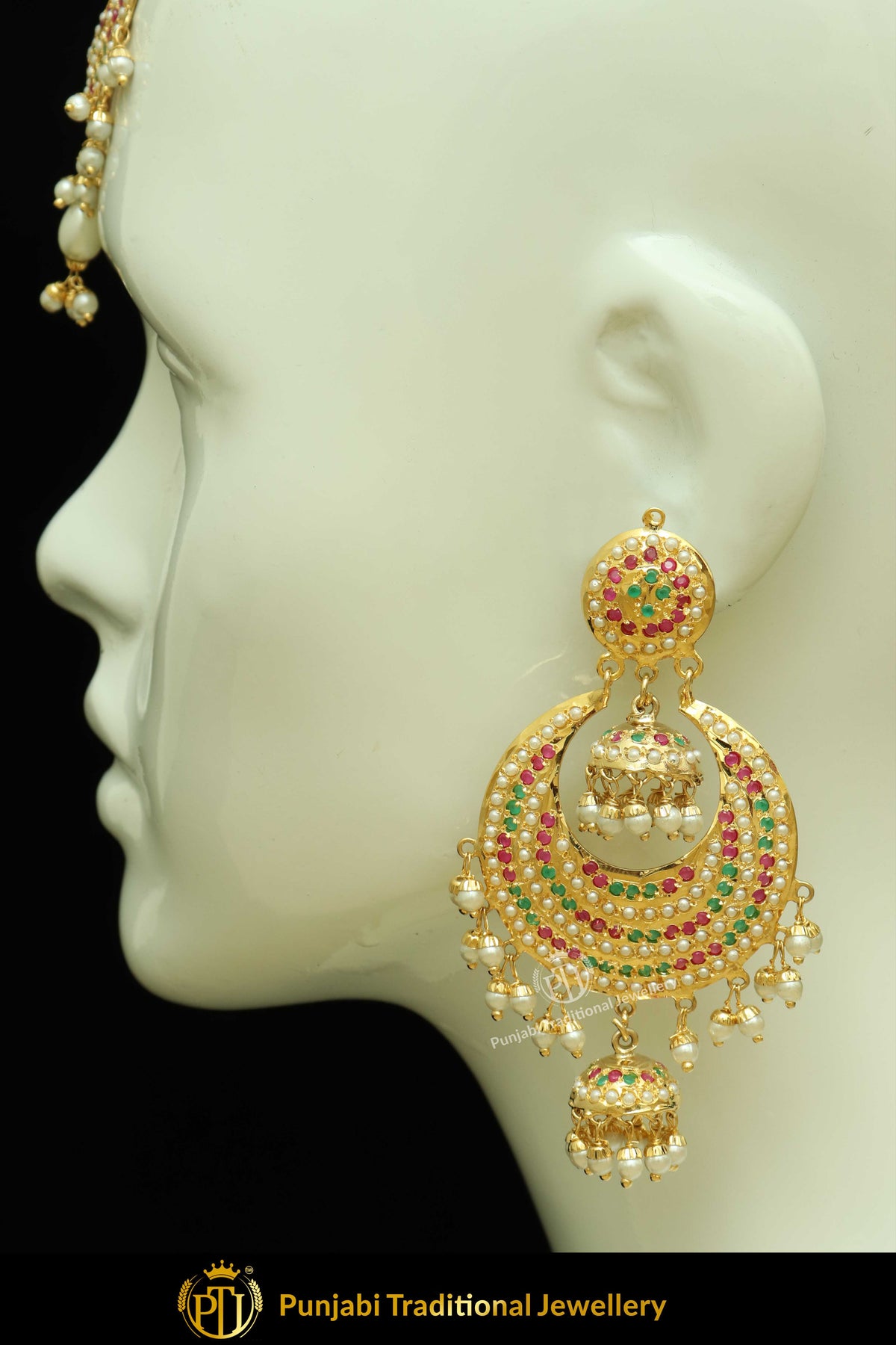 Gold Finished Navratan Jadau Pearl Earring Tikka Set | Punjabi Traditional Jewellery Exclusive