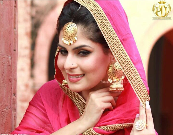 Gold Plated Pippal Patti Jhumki Earrings & Stud Tikka Set | Punjabi Traditional Jewellery Exclusive