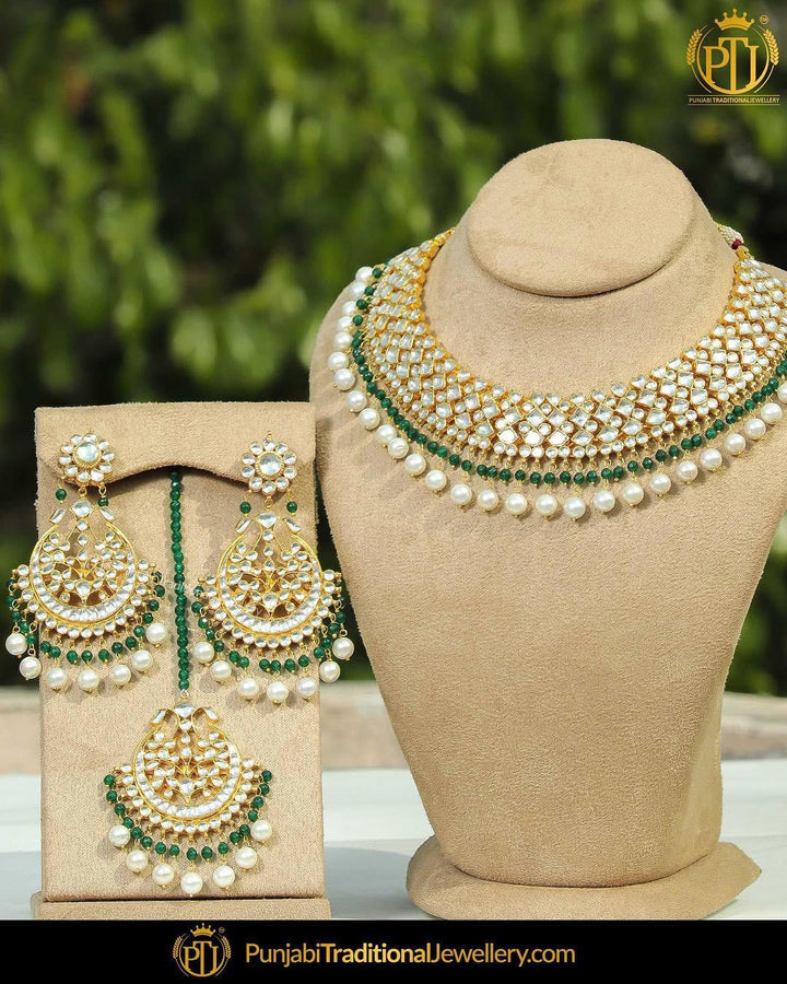 Gold Finished Emerald Kundan Pearl Necklace Set | Punjabi Traditional Jewellery Exclusive