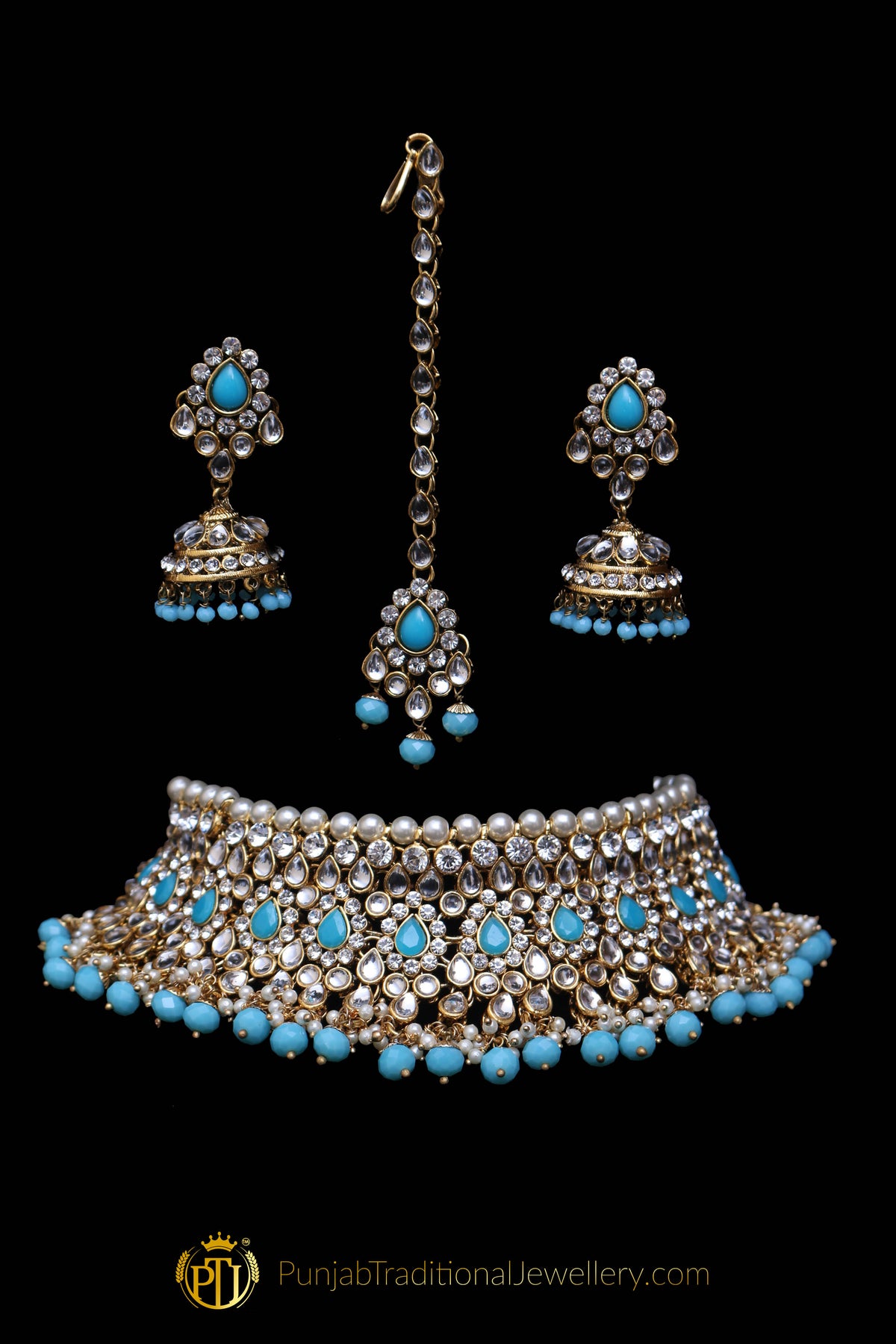 Fitoor Firozi Pearl Kundan Necklace Set By Punjabi Traditional Jewellery