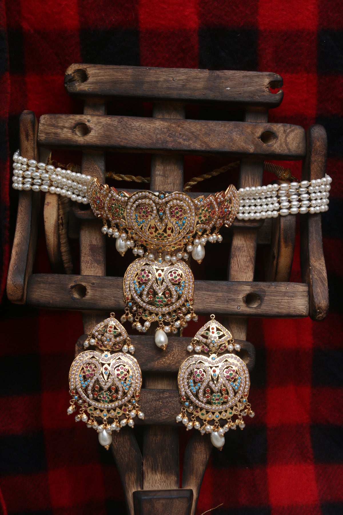 Multi Pearl Jadau Necklace Set By Punjabi Traditional Jewellery