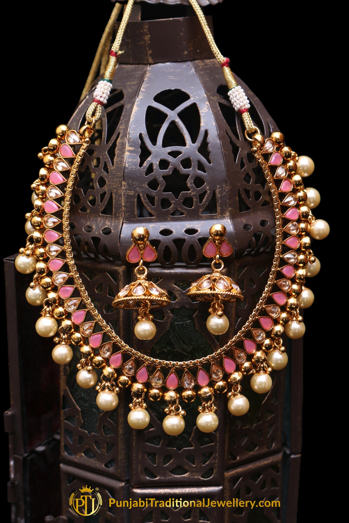 Pink Polki Pearl Necklace Set By Punjabi Taditional Jewellery