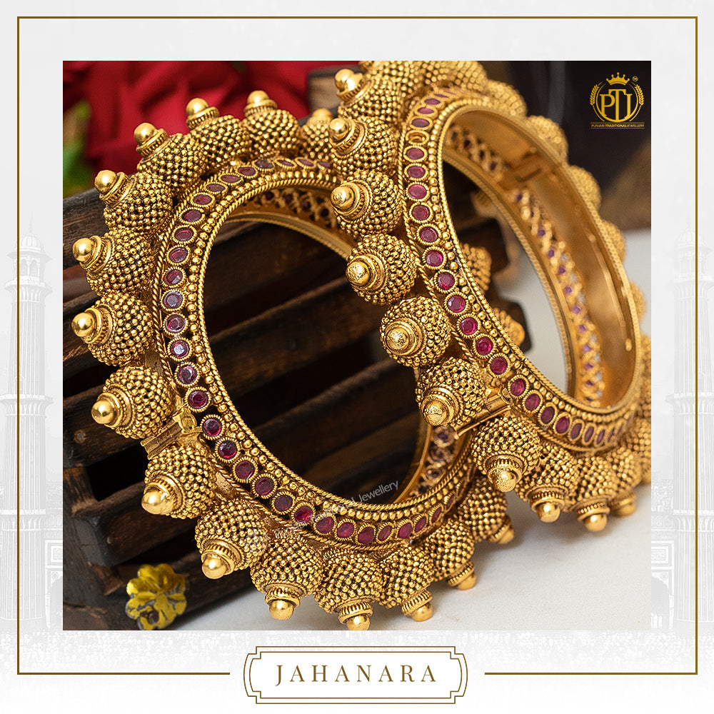 Jahanara Antique Gold Rubby Opneable Karra Bangle (Pair) | Punjabi Traditional Jewellery
