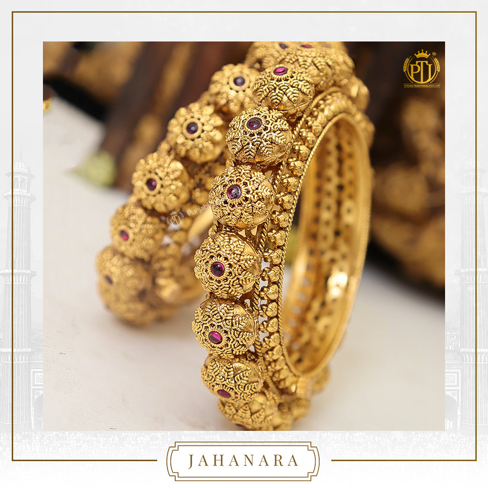 Jahanara Antique Gold Rubby Opneable Karra Bangle (Pair) | Punjabi Traditional Jewellery
