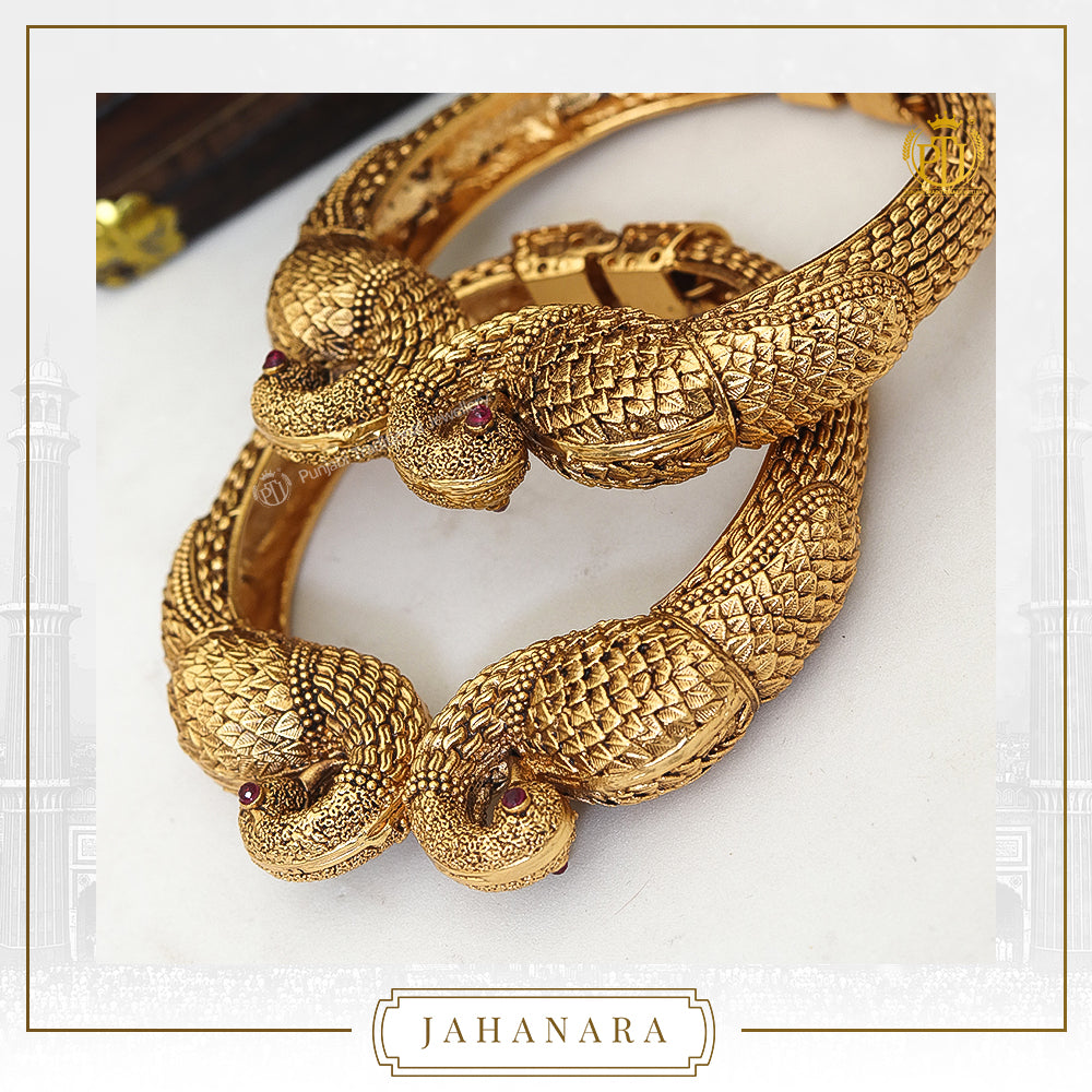 Jahanara Antique Gold Rubby Opneable Karra Bangle (Pair) | Punjabi Traditional Jewellery