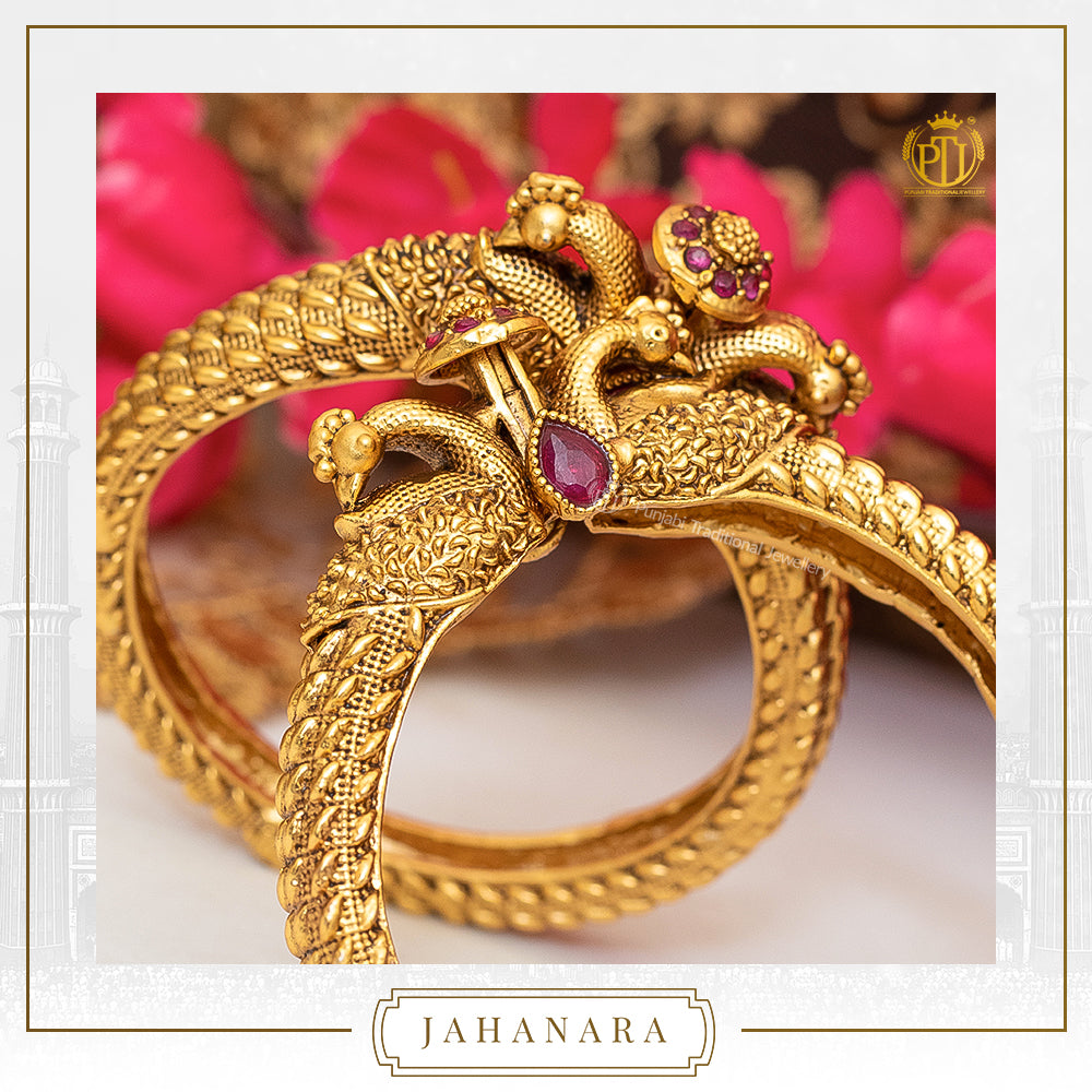 Jahanara Antique Gold Rubby Opneable Karra Bangle (Pair) | Punjabi Traditional Jewellery