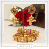 Jahanara Antique Gold Rubby Pearl Opneable Karra Bangle (Pair) & Jhumki Earrings  | Punjabi Traditional Jewellery