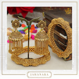 Jahanara Antique Gold Pearl Opneable Karra Bangle (Pair) & Jhumki Earrings  | Punjabi Traditional Jewellery