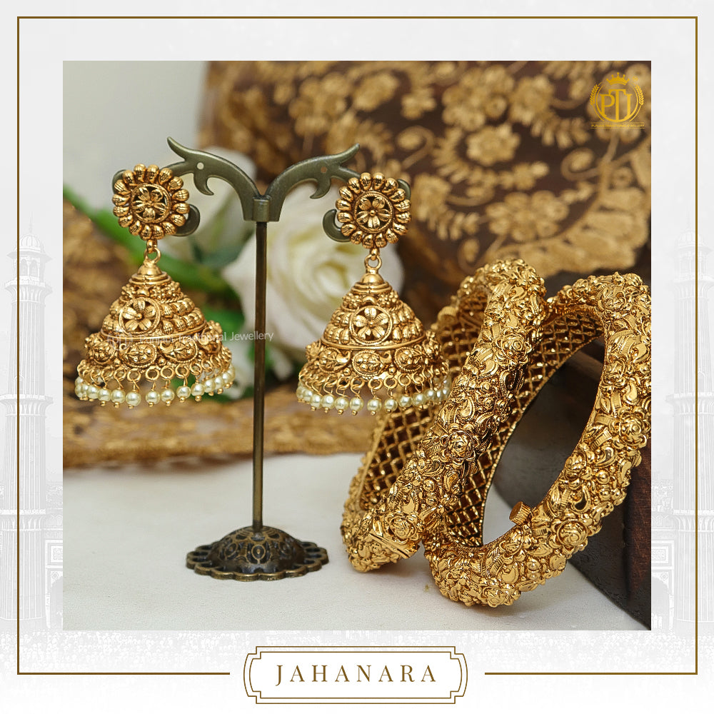Jahanara Antique Gold Pearl Opneable Karra Bangle (Pair) & Jhumki Earrings  | Punjabi Traditional Jewellery