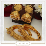 Jahanara Antique Gold Pearl Opneable Morni Karra Bangle (Pair) & Jhumki Earrings  | Punjabi Traditional Jewellery