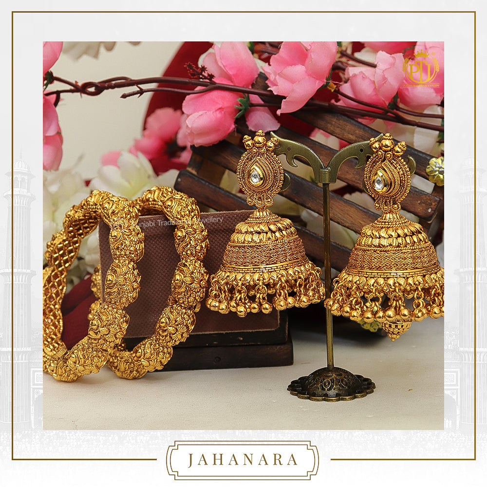 Jahanara Antique Gold Pearl Opneable Karra Bangle (Pair) & Jhumki Kundan Earrings  | Punjabi Traditional Jewellery