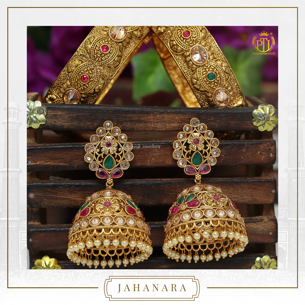 Jahanara Antique Gold Champagne Stone Opneable Karra Bangle (Pair) & Jhumki Rubby Emerald Earrings  | Punjabi Traditional Jewellery